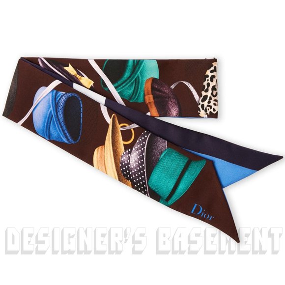 CHRISTIAN DIOR brown "H" for HATS ABCDIOR MITZAH skinny 2-sided Silk scarf NIB - Picture 6 of 6
